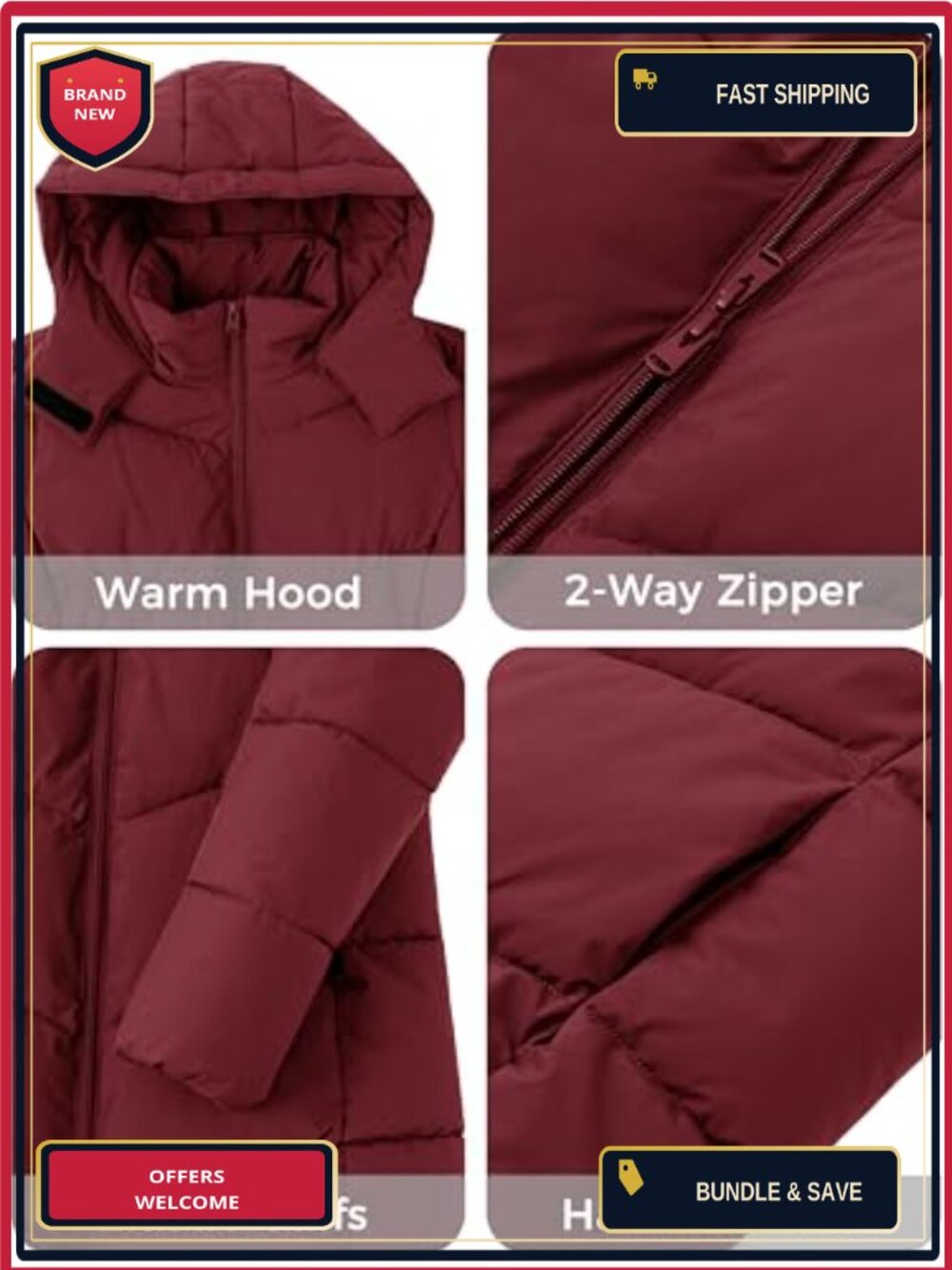 Women's Winter Puffer Jacket Long Parka Warm Hooded Coat Plus Size Waterproof - Picture 6 of 6